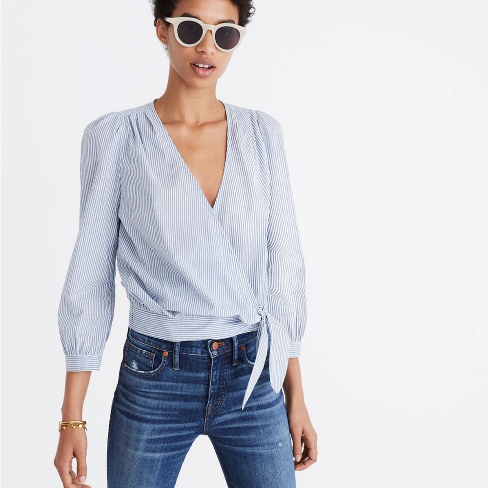 Madewell Blue and White Striped Wrap Blouse